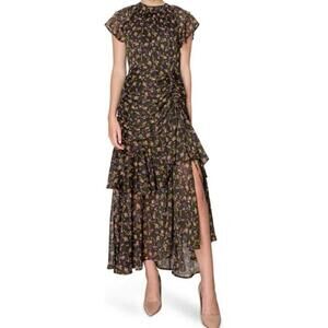 MELLODAY Mock Neck Ruffle Maxi Dress In Olive Multi Sz S